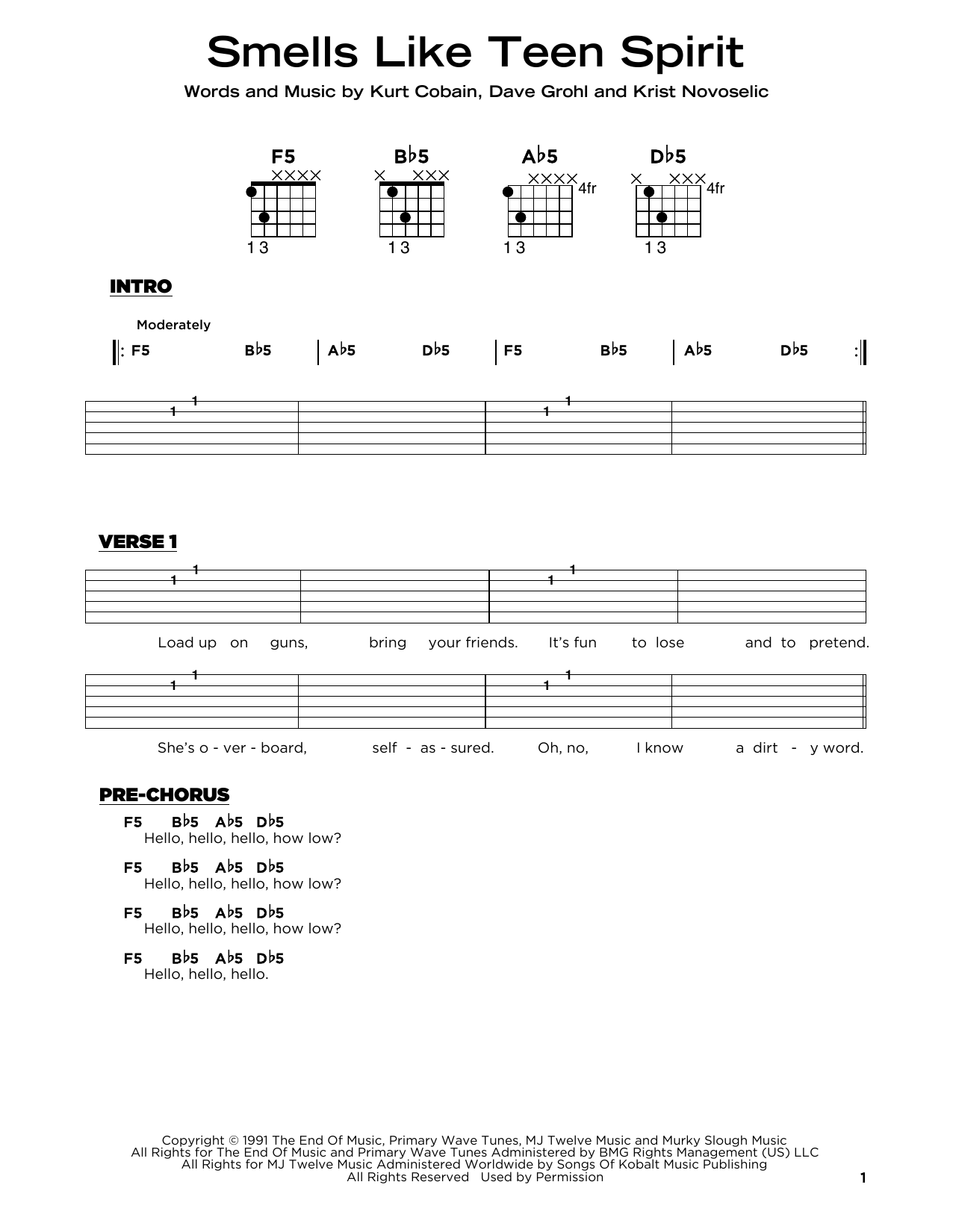 Nirvana Smells Like Teen Spirit Sheet Music Notes & Chords for Really Easy Guitar - Download or Print PDF