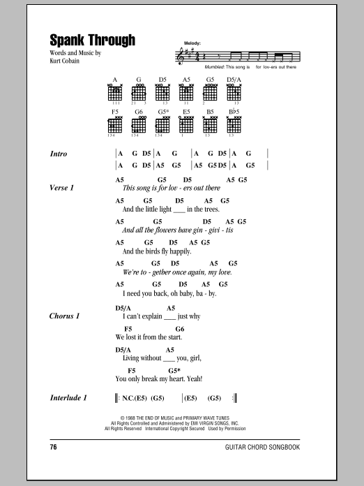 Nirvana Spank Through Sheet Music Notes & Chords for Piano, Vocal & Guitar Chords (Right-Hand Melody) - Download or Print PDF