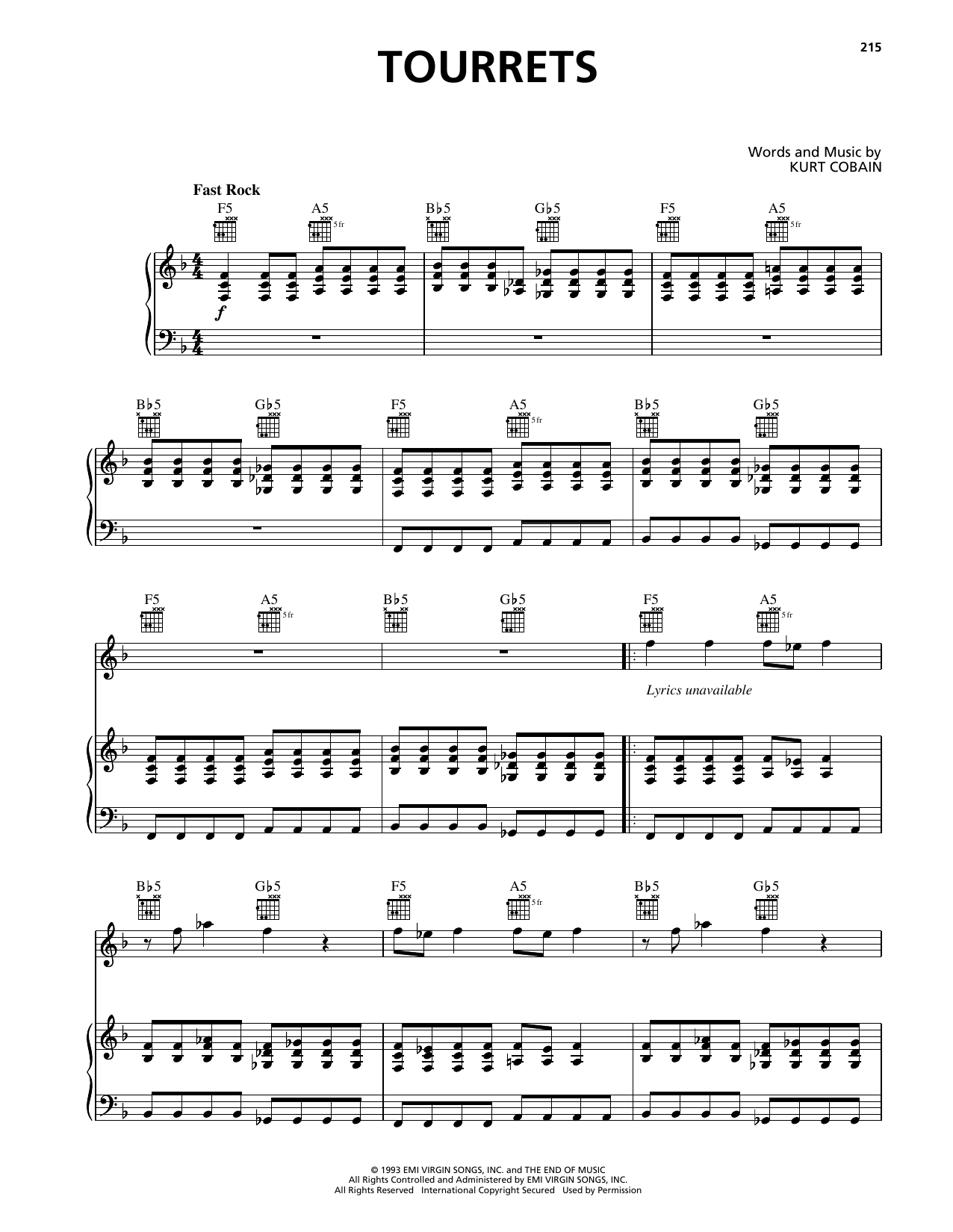 Nirvana Tourette's Sheet Music Notes & Chords for Piano, Vocal & Guitar Chords (Right-Hand Melody) - Download or Print PDF