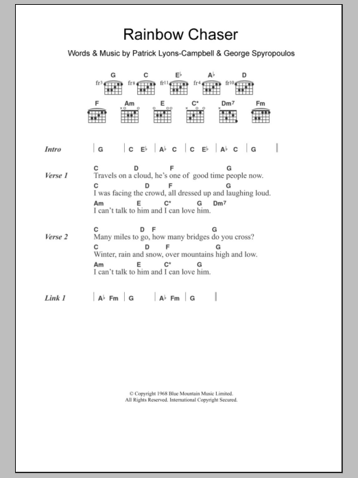Nirvana (UK) Rainbow Chaser Sheet Music Notes & Chords for Lyrics & Chords - Download or Print PDF Nirvana (UK) Rainbow Chaser Sheet Music Notes & Chords for Lyrics & Chords - Download or Print PDF