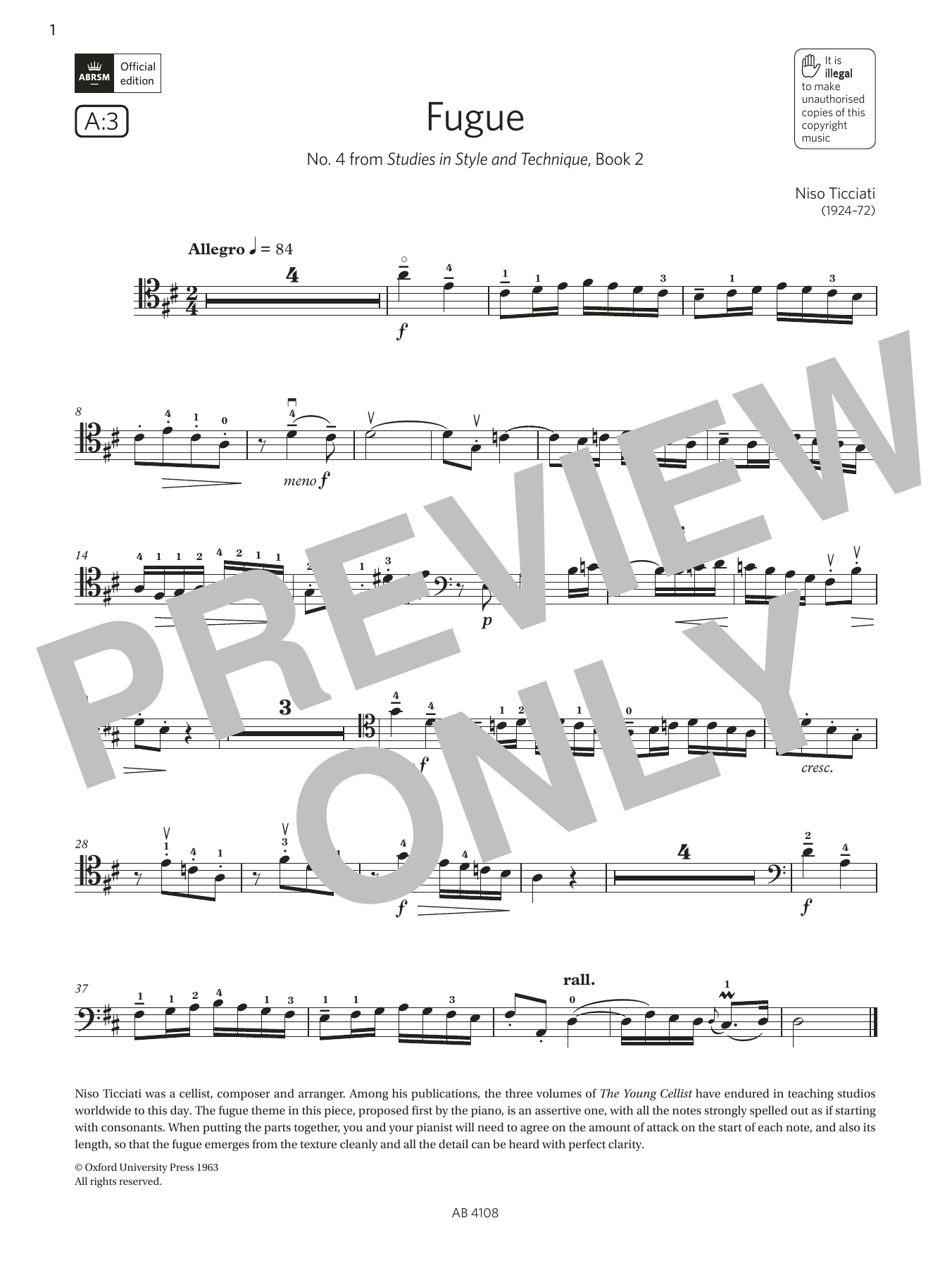 Niso Ticciati Fugue (Grade 5, A3, from the ABRSM Cello Syllabus from 2024) Sheet Music Notes & Chords for Cello Solo - Download or Print PDF