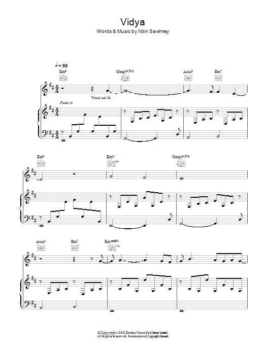 Nitin Sawhney Vidya Sheet Music Notes & Chords for Piano, Vocal & Guitar - Download or Print PDF