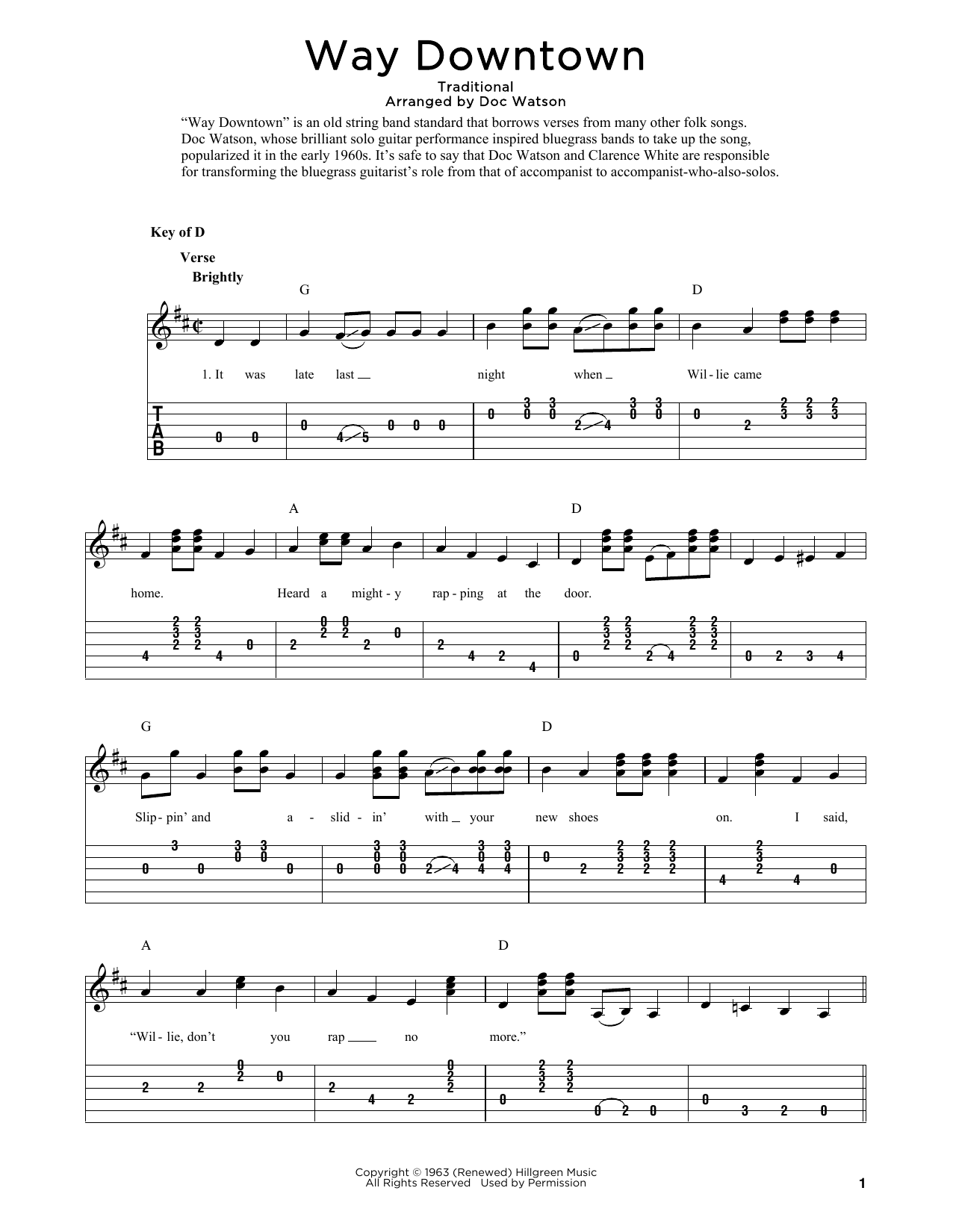 Nitty Gritty Dirt Band & Doc Watson Way Downtown (arr. Fred Sokolow) Sheet Music Notes & Chords for Solo Guitar Tab - Download or Print PDF