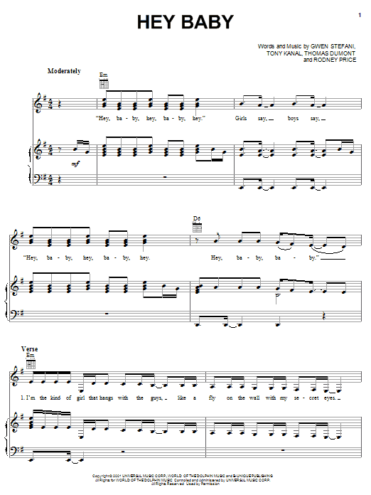 No Doubt Hey Baby Sheet Music Notes & Chords for Piano, Vocal & Guitar (Right-Hand Melody) - Download or Print PDF