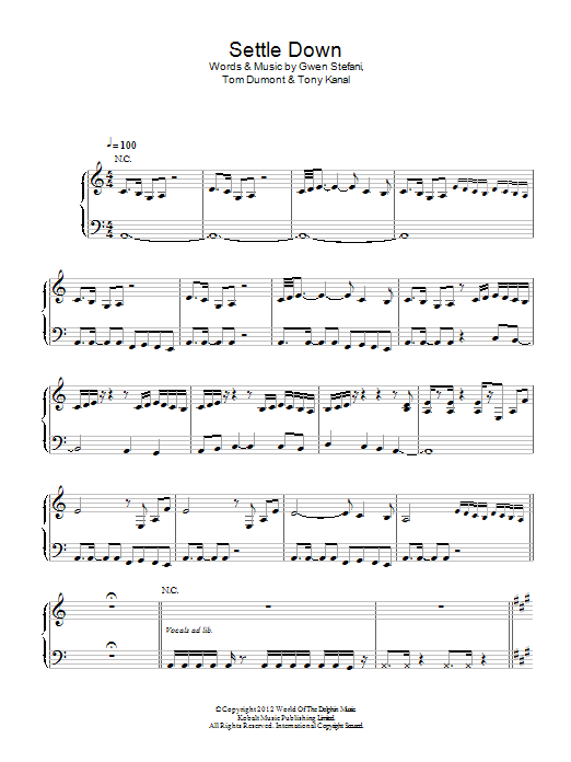 No Doubt Settle Down Sheet Music Notes & Chords for Piano, Vocal & Guitar (Right-Hand Melody) - Download or Print PDF