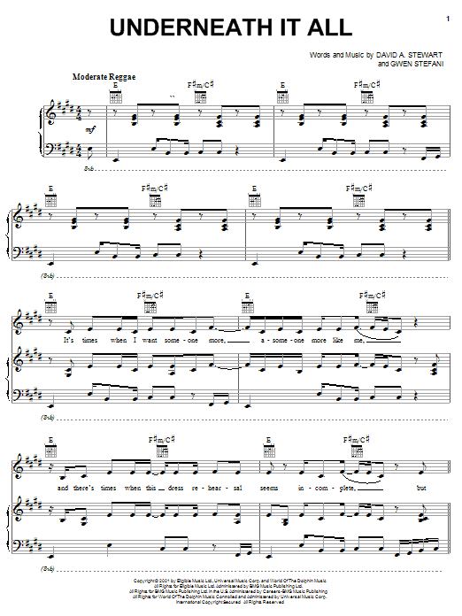 No Doubt Underneath It All Sheet Music Notes & Chords for Melody Line, Lyrics & Chords - Download or Print PDF