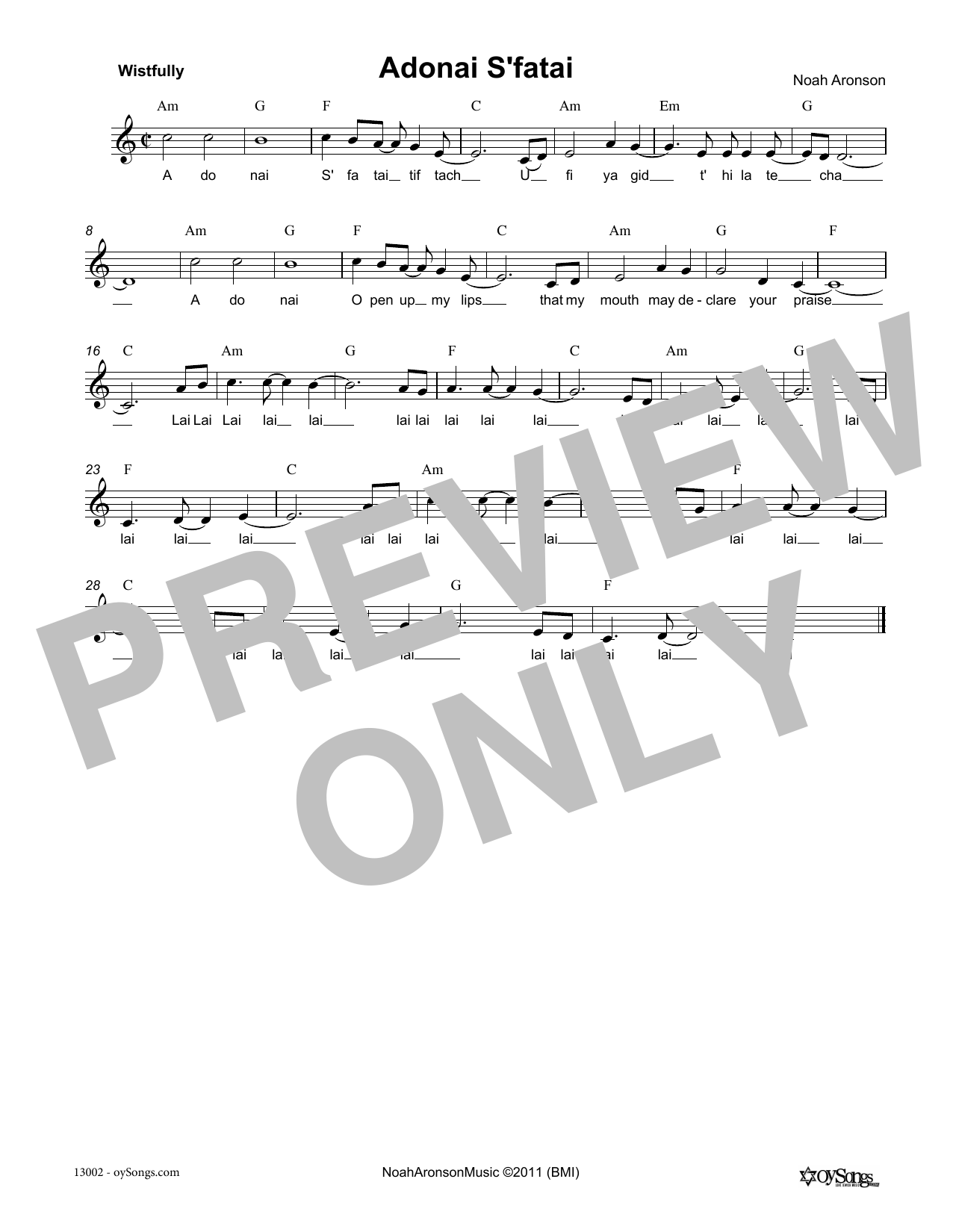 Noah Aronson Adonai S'fatai Sheet Music Notes & Chords for Melody Line, Lyrics & Chords - Download or Print PDF
