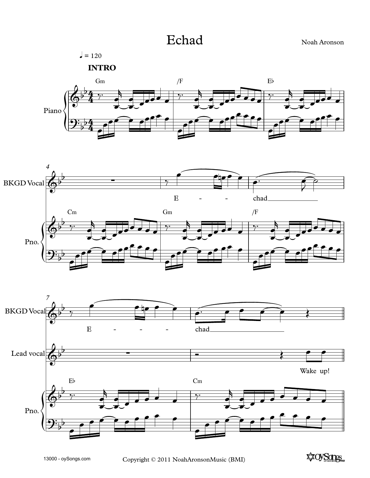 Noah Aronson Echad Sheet Music Notes & Chords for Piano, Vocal & Guitar (Right-Hand Melody) - Download or Print PDF