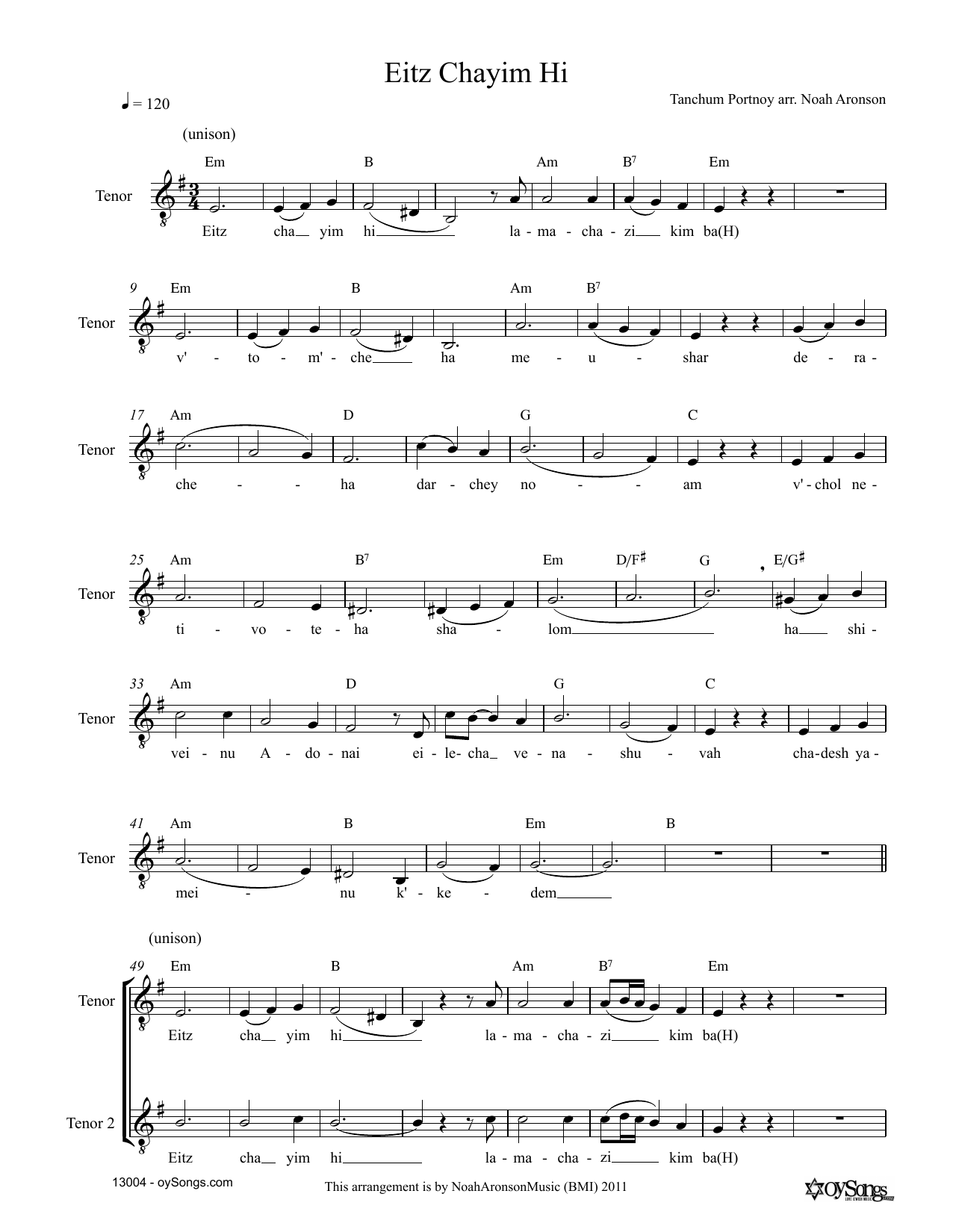 Noah Aronson Eitz Chayim Hi Sheet Music Notes & Chords for Melody Line, Lyrics & Chords - Download or Print PDF