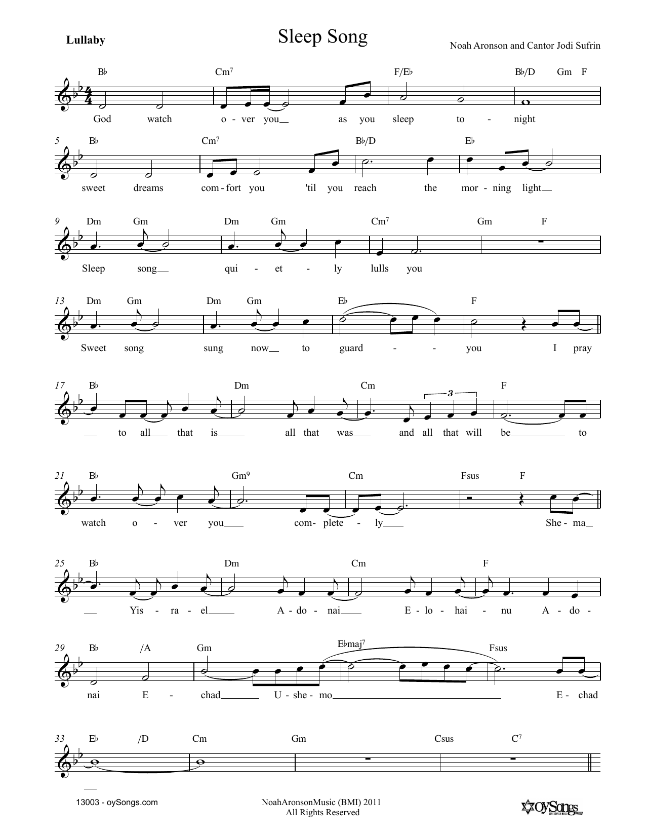 Noah Aronson Sleep Song Sheet Music Notes & Chords for Melody Line, Lyrics & Chords - Download or Print PDF