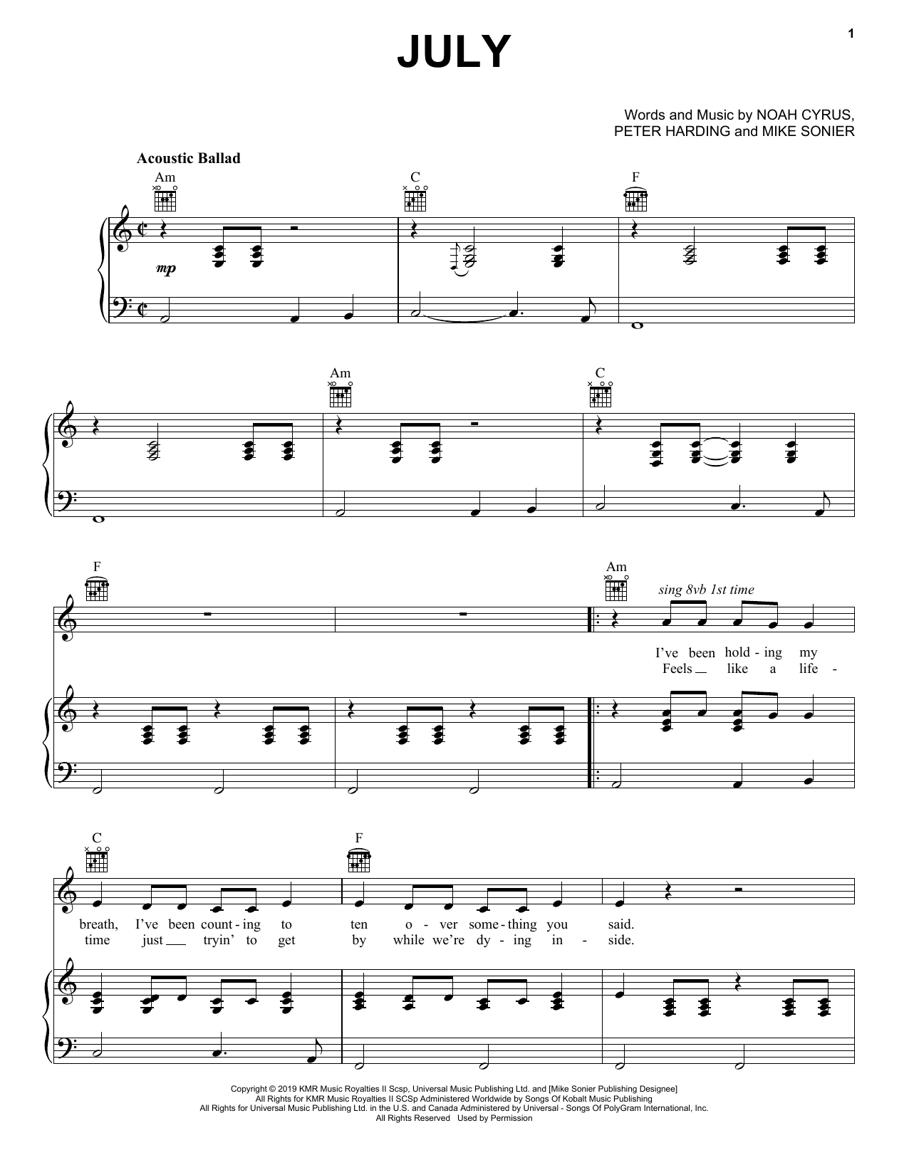 Noah Cyrus July Sheet Music Notes & Chords for Piano, Vocal & Guitar (Right-Hand Melody) - Download or Print PDF