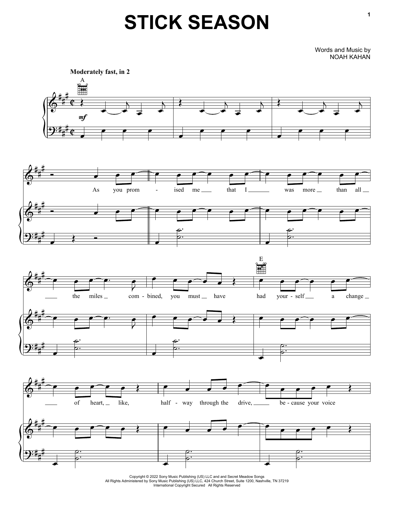 Noah Kahan Stick Season Sheet Music Notes & Chords for Piano, Vocal & Guitar Chords (Right-Hand Melody) - Download or Print PDF