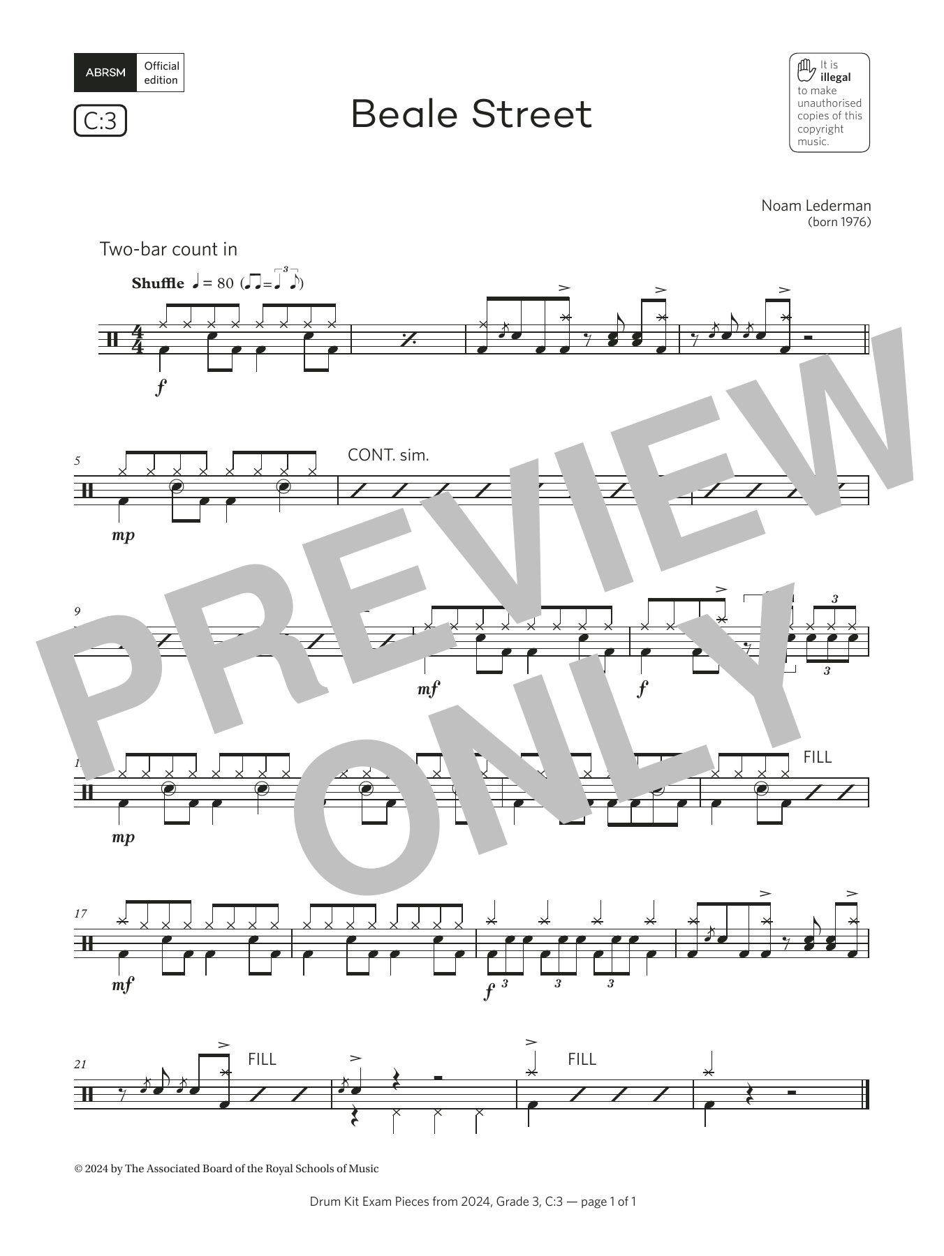 Noam Lederman Beale Street (Grade 3, list C3, from the ABRSM Drum Kit Syllabus 2024) Sheet Music Notes & Chords for Drums - Download or Print PDF