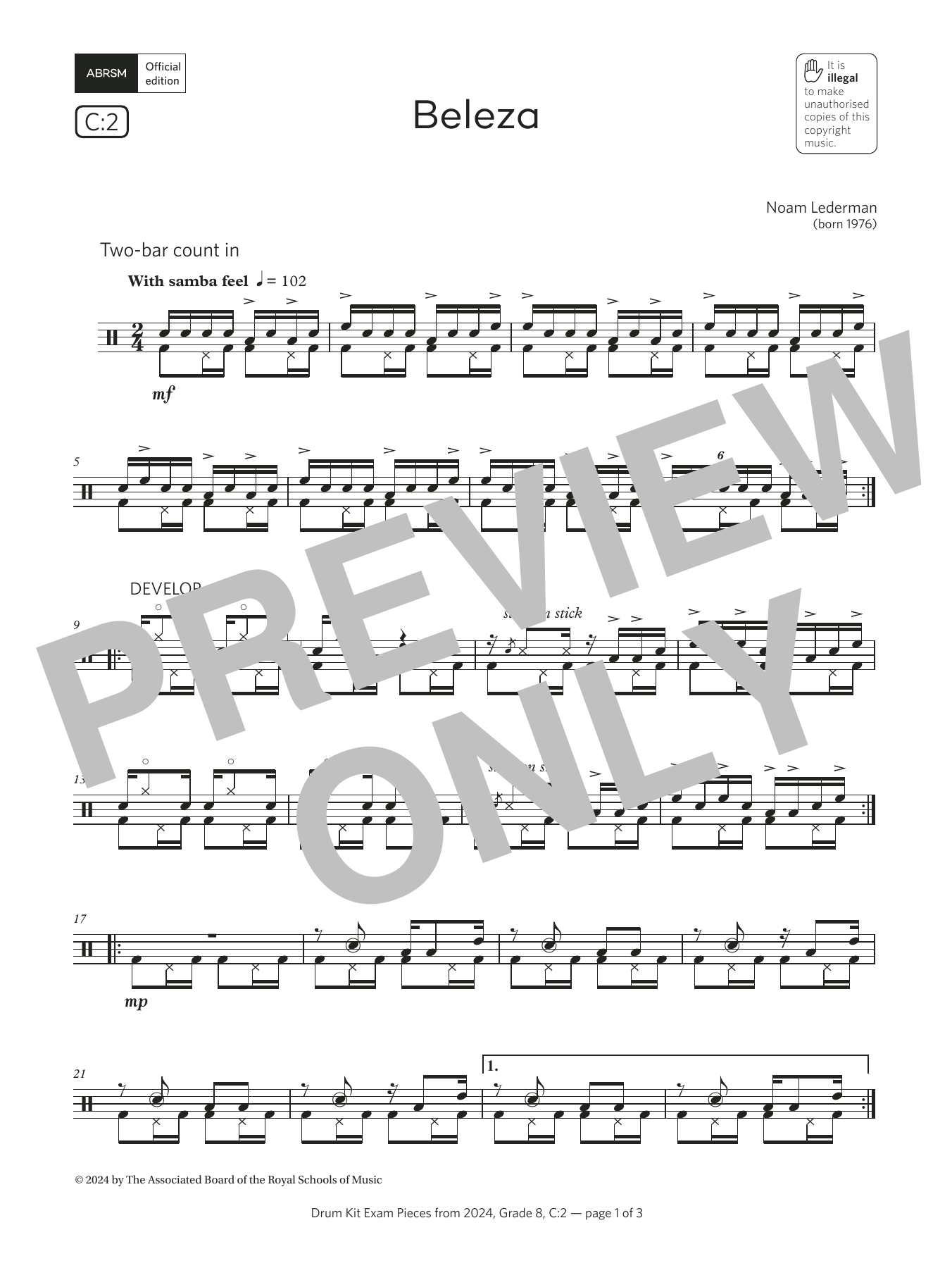 Noam Lederman Beleza (Grade 8, list C2, from the ABRSM Drum Kit Syllabus 2024) Sheet Music Notes & Chords for Drums - Download or Print PDF