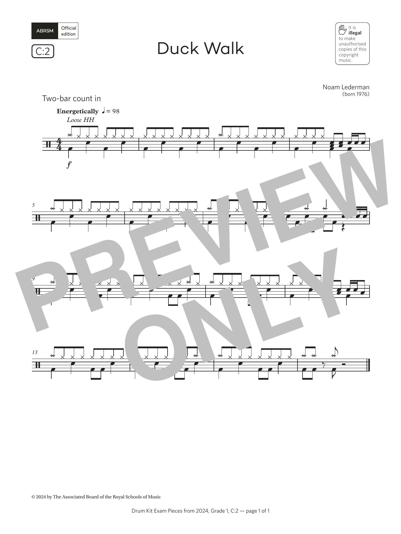 Noam Lederman Duck Walk (Grade 1, list C2, from the ABRSM Drum Kit Syllabus 2024) Sheet Music Notes & Chords for Drums - Download or Print PDF Noam Lederman Duck Walk (Grade 1, list C2, from the ABRSM Drum Kit Syllabus 2024) Sheet Music Notes & Chords for Drums - Download or Print PDF