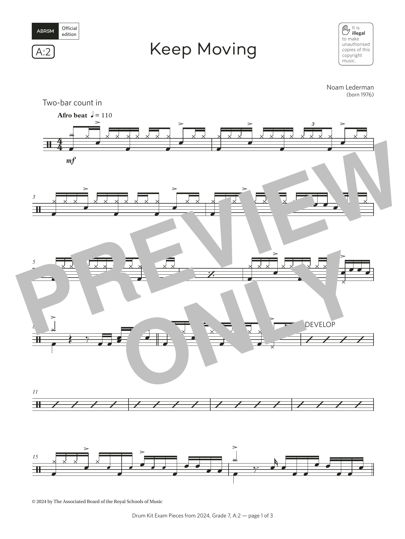 Noam Lederman Keep Moving (Grade 7, list A2, from the ABRSM Drum Kit Syllabus 2024) Sheet Music Notes & Chords for Drums - Download or Print PDF