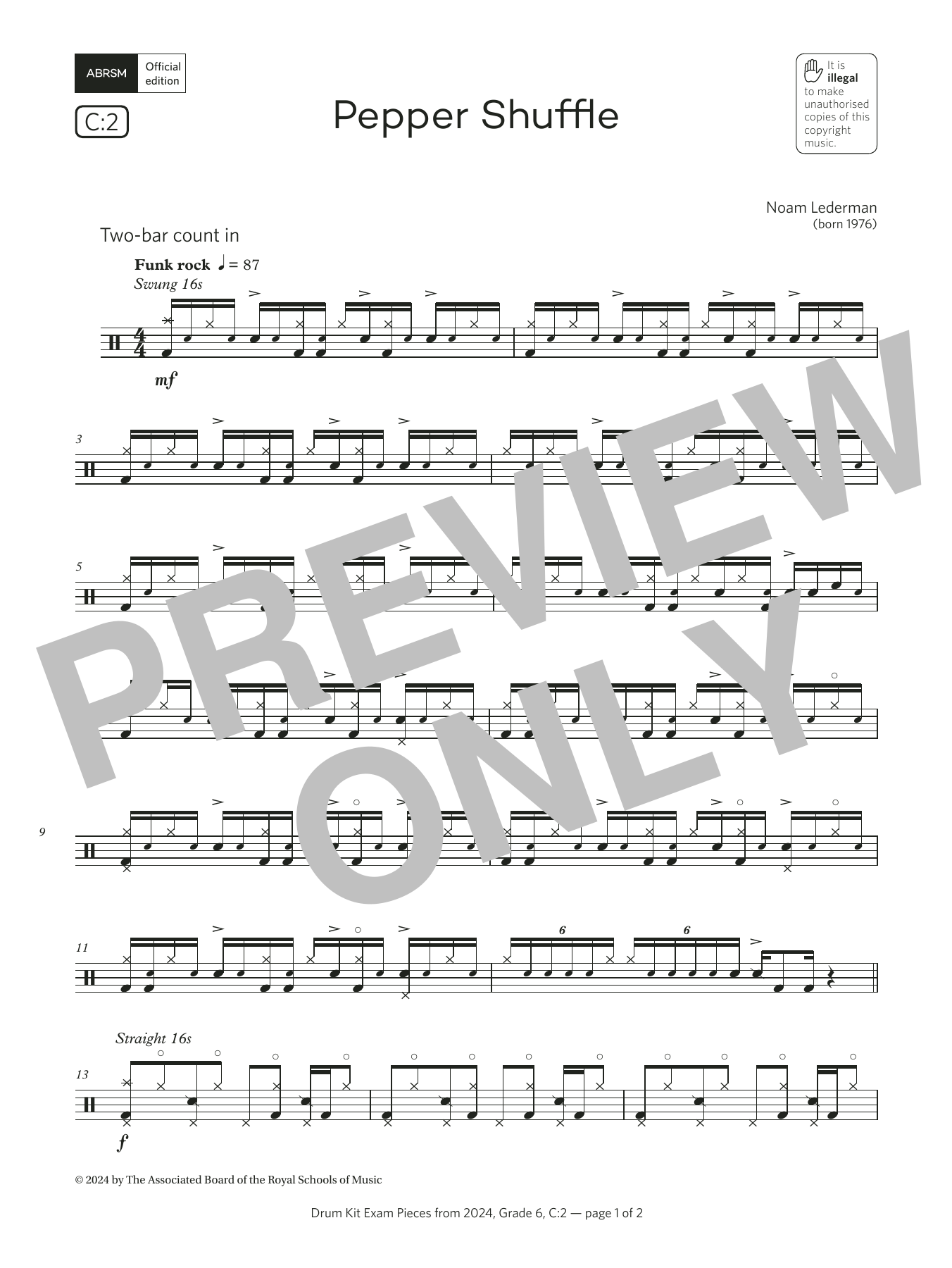 Noam Lederman Pepper Shuffle (Grade 6, list C2, from the ABRSM Drum Kit Syllabus 2024) Sheet Music Notes & Chords for Drums - Download or Print PDF