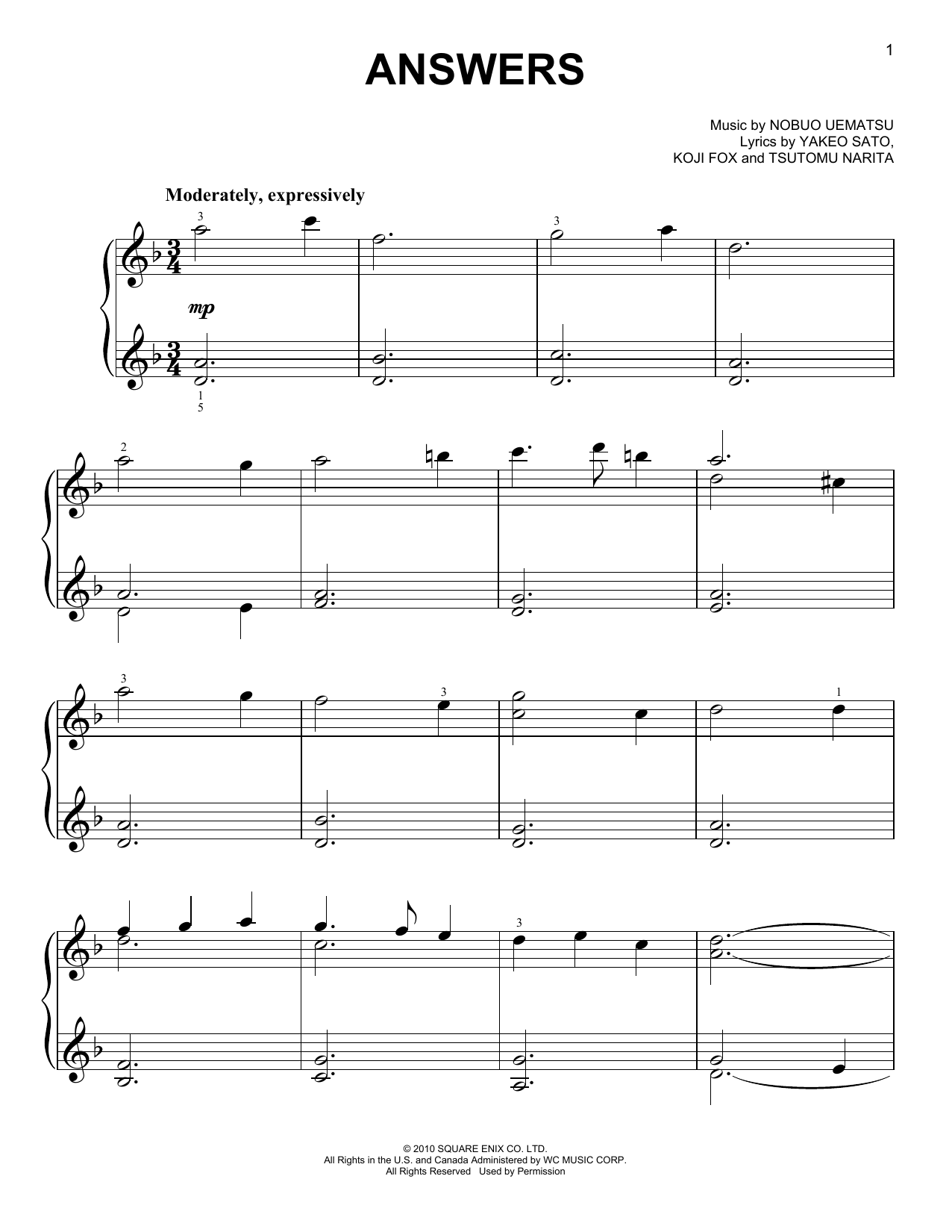 Nobuo Uematsu Answers (from Final Fantasy XIV) Sheet Music Notes & Chords for Easy Piano - Download or Print PDF
