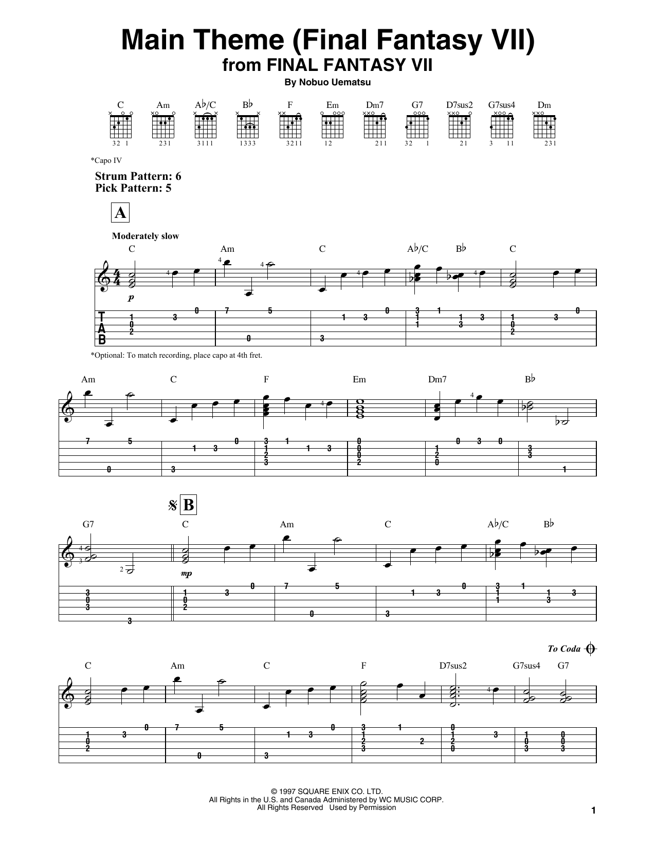 Nobuo Uematsu Main Theme (Final Fantasy VII) Sheet Music Notes & Chords for Solo Guitar Tab - Download or Print PDF