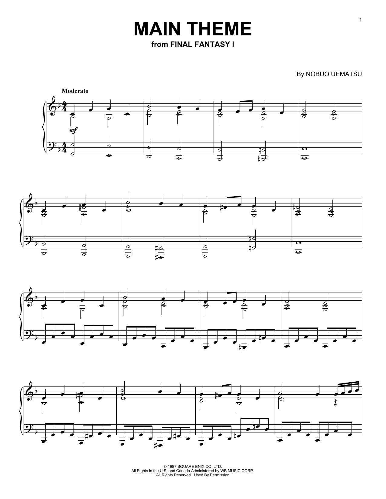 Nobuo Uematsu Main Theme (from Final Fantasy) Sheet Music Notes & Chords for Piano - Download or Print PDF