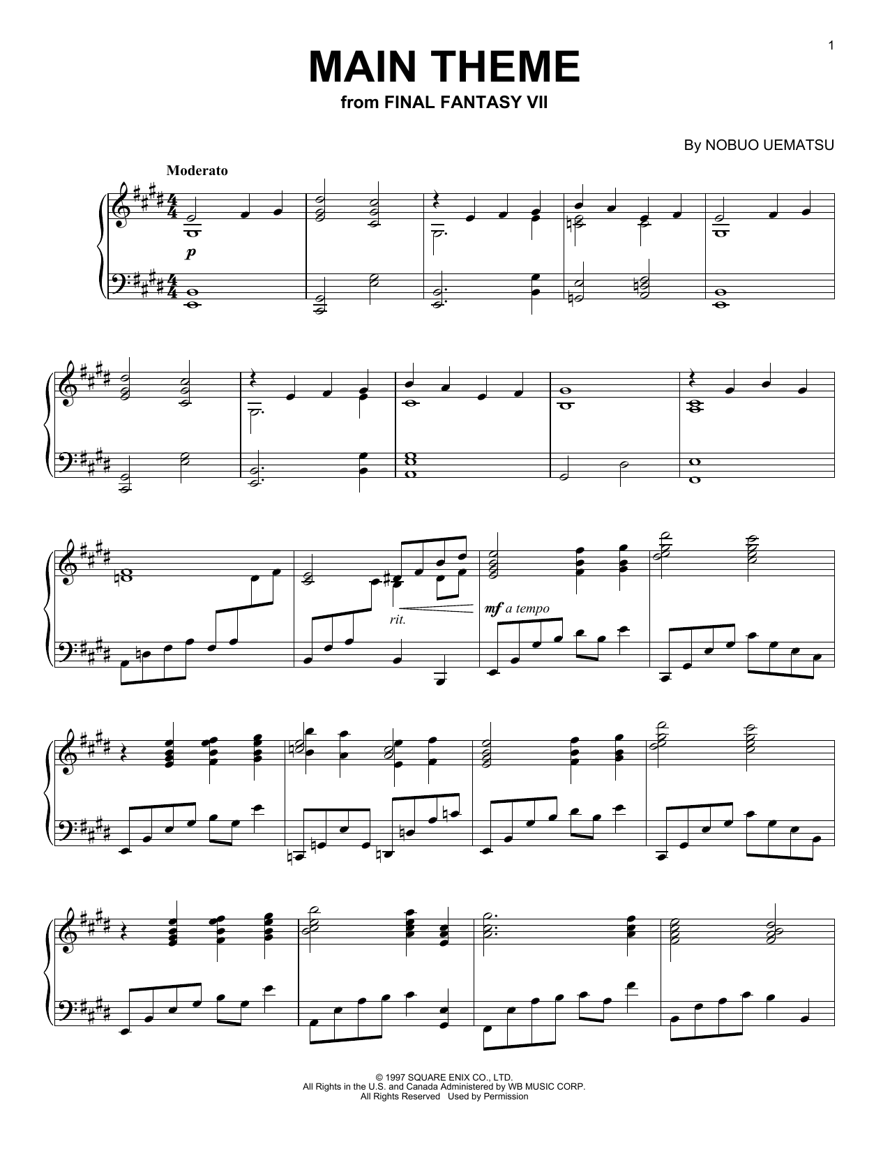 Nobuo Uematsu Main Theme (from Final Fantasy VII) Sheet Music Notes & Chords for Piano - Download or Print PDF