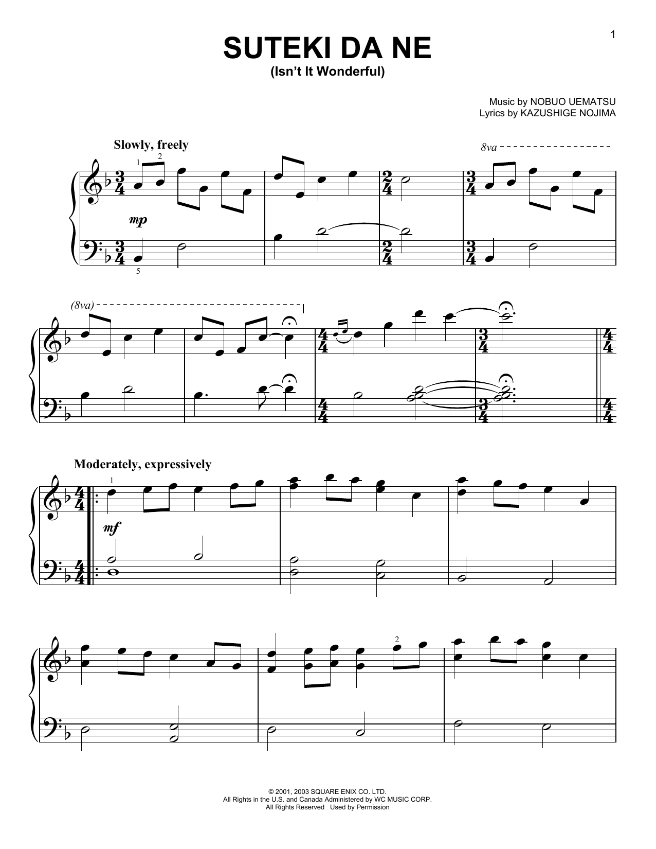 Nobuo Uematsu Suteki Da Ne (Isn't It Wonderful) (from Final Fantasy X) Sheet Music Notes & Chords for Easy Piano - Download or Print PDF