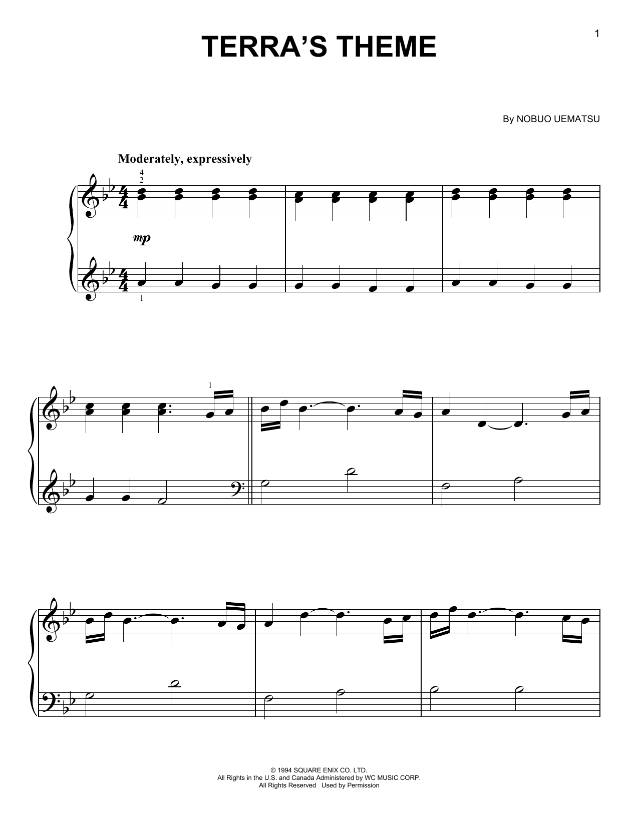 Nobuo Uematsu Terra's Theme (from Final Fantasy IV) Sheet Music Notes & Chords for Easy Piano - Download or Print PDF