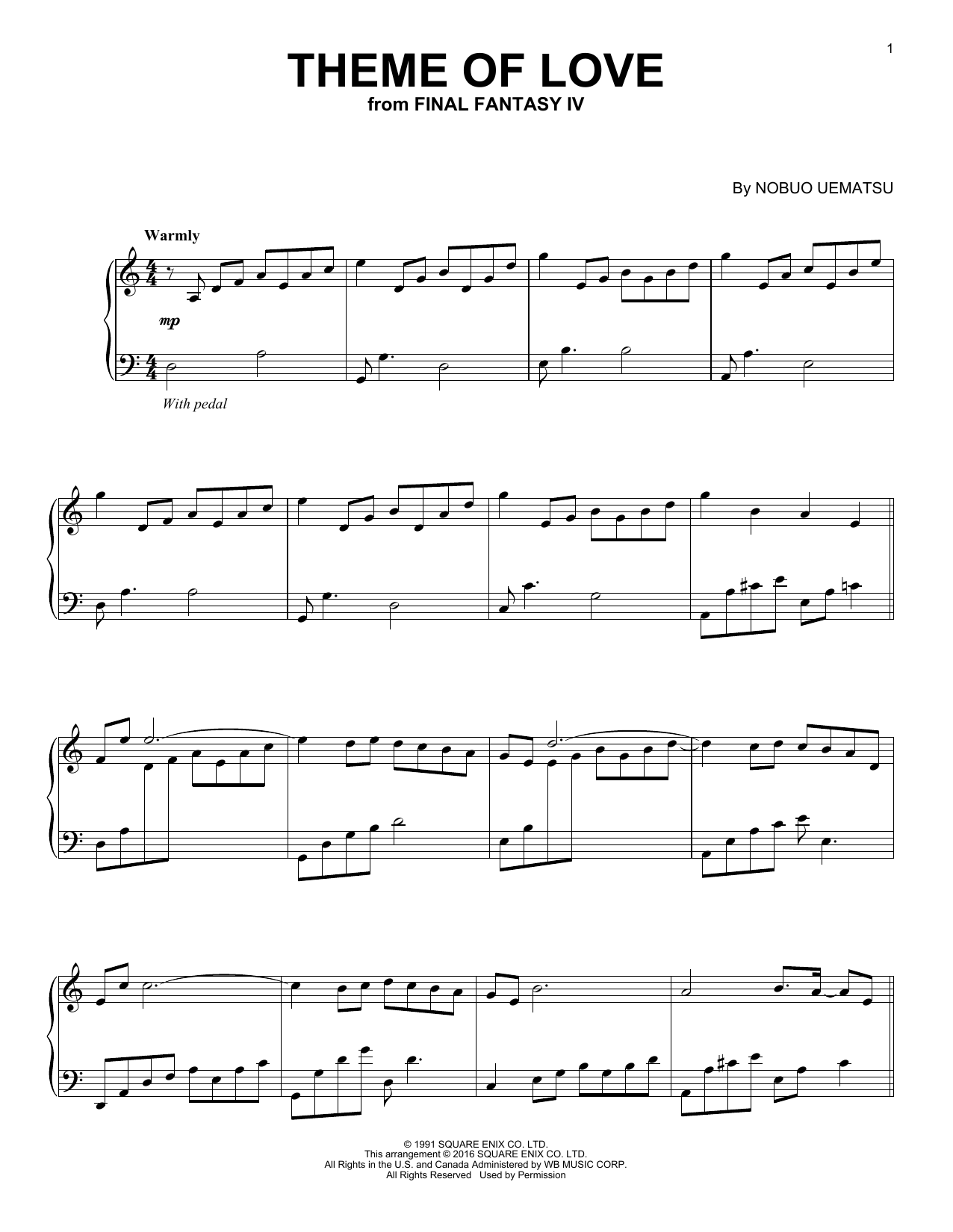 Nobuo Uematsu Theme Of Love (from Final Fantasy IV) Sheet Music Notes & Chords for Piano - Download or Print PDF