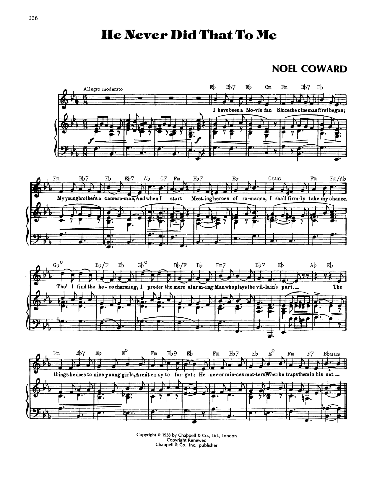 Noel Coward He Never Did That To Me Sheet Music Notes & Chords for Piano, Vocal & Guitar Chords (Right-Hand Melody) - Download or Print PDF