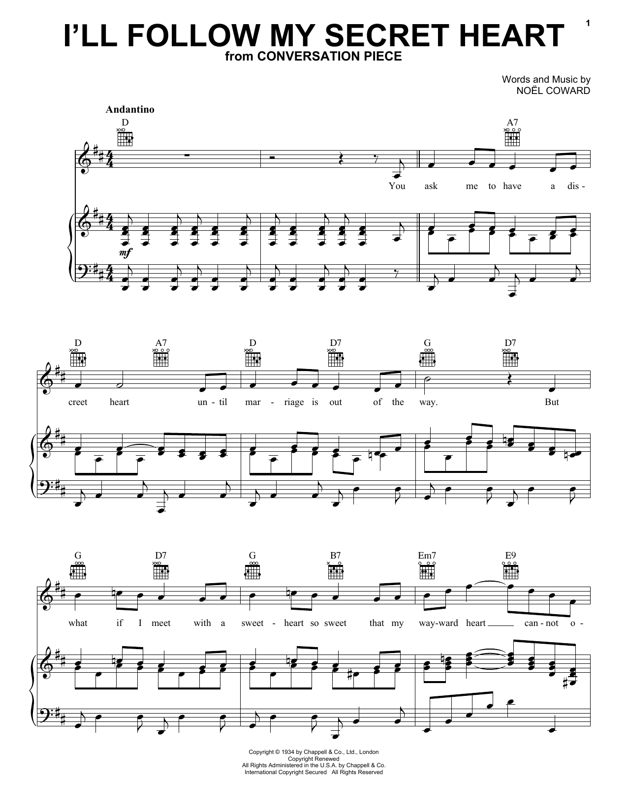 Noel Coward I'll Follow My Secret Heart Sheet Music Notes & Chords for Piano, Vocal & Guitar (Right-Hand Melody) - Download or Print PDF