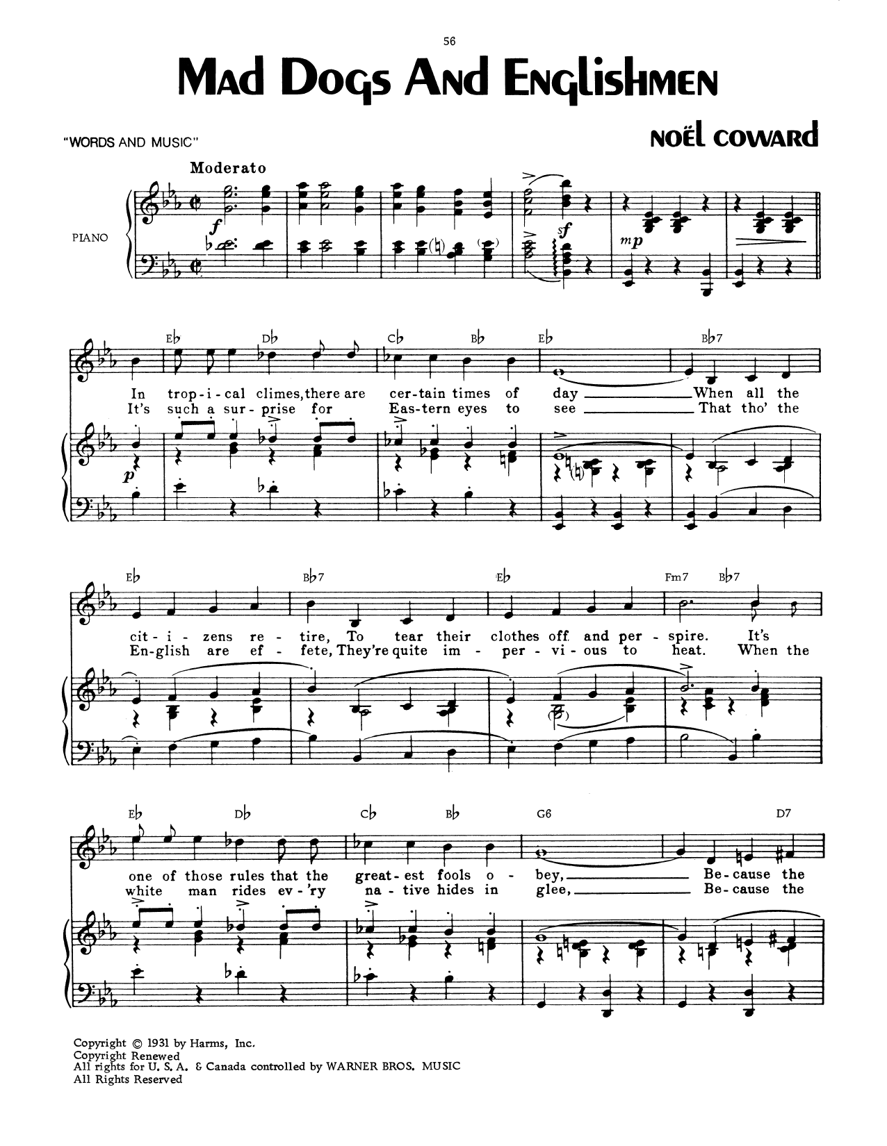 Noel Coward Mad Dogs And Englishmen Sheet Music Notes & Chords for Piano, Vocal & Guitar (Right-Hand Melody) - Download or Print PDF