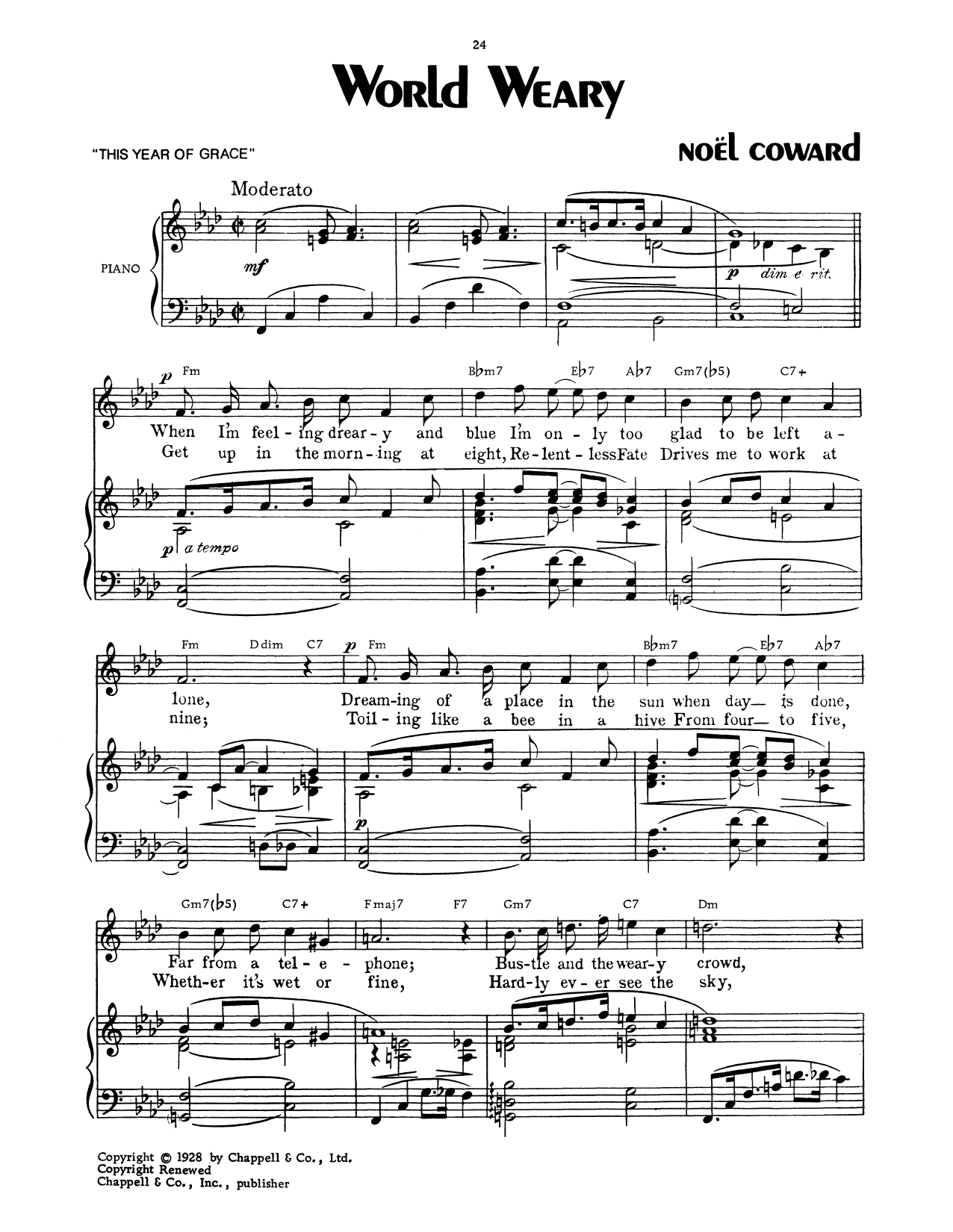 Noel Coward World Weary Sheet Music Notes & Chords for Piano, Vocal & Guitar (Right-Hand Melody) - Download or Print PDF