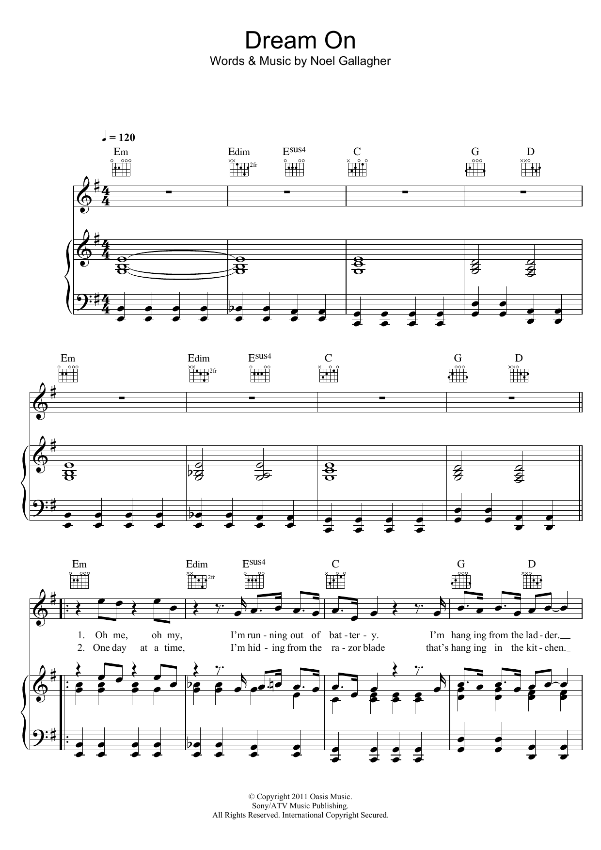 Noel Gallagher Dream On Sheet Music Notes & Chords for Piano, Vocal & Guitar (Right-Hand Melody) - Download or Print PDF