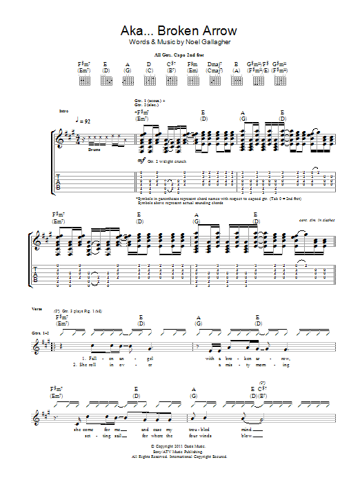 Noel Gallagher's High Flying Birds AKA... Broken Arrow Sheet Music Notes & Chords for Guitar Tab - Download or Print PDF