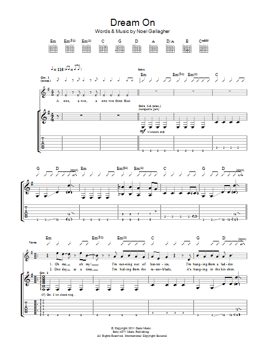 Noel Gallagher's High Flying Birds Dream On Sheet Music Notes & Chords for Guitar Tab - Download or Print PDF