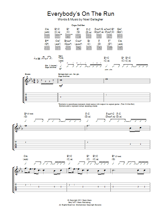 Noel Gallagher's High Flying Birds Everybody's On The Run Sheet Music Notes & Chords for Guitar Tab - Download or Print PDF