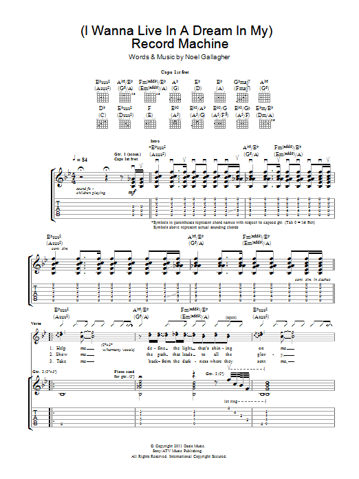Noel Gallagher's High Flying Birds (I Wanna Live In A Dream In My) Record Machine Sheet Music Notes & Chords for Guitar Tab - Download or Print PDF