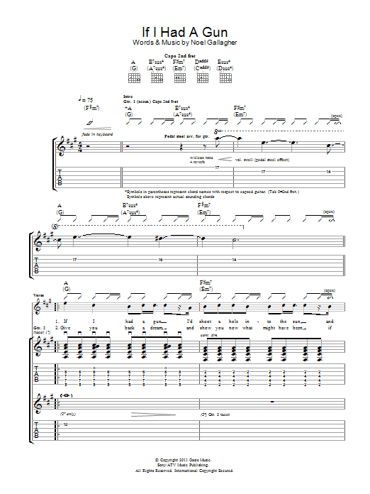 Noel Gallagher's High Flying Birds If I Had A Gun... Sheet Music Notes & Chords for Lyrics & Chords - Download or Print PDF