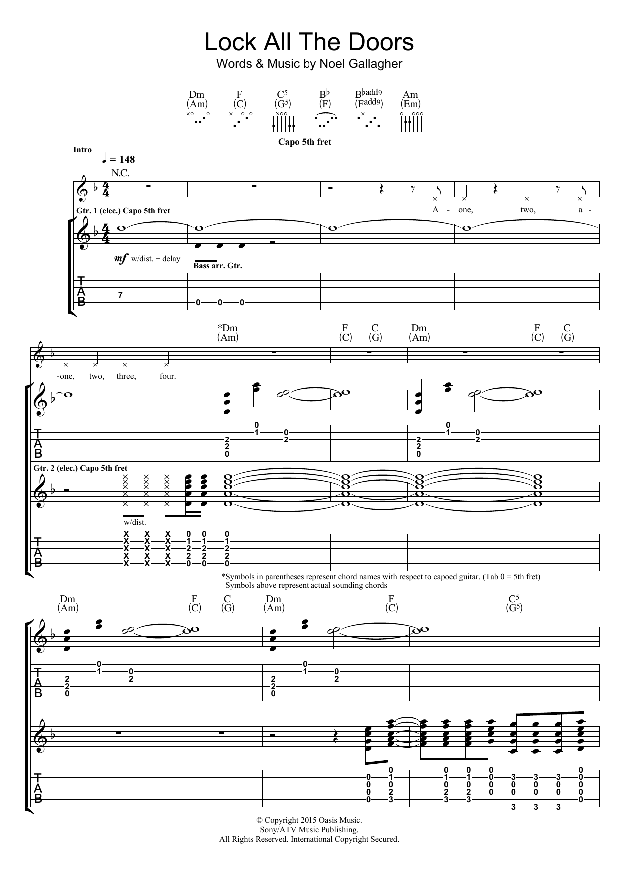 Noel Gallagher's High Flying Birds Lock All The Doors Sheet Music Notes & Chords for Guitar Tab - Download or Print PDF