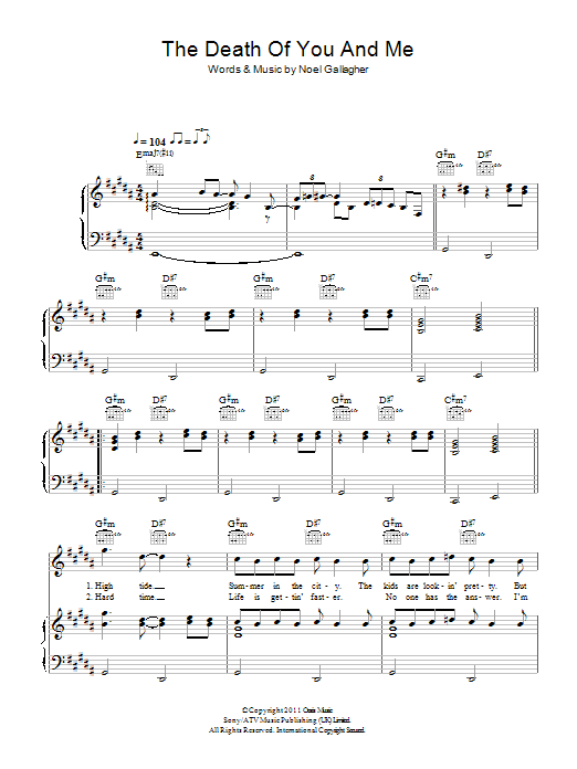 Noel Gallagher's High Flying Birds The Death Of You And Me Sheet Music Notes & Chords for Piano, Vocal & Guitar (Right-Hand Melody) - Download or Print PDF