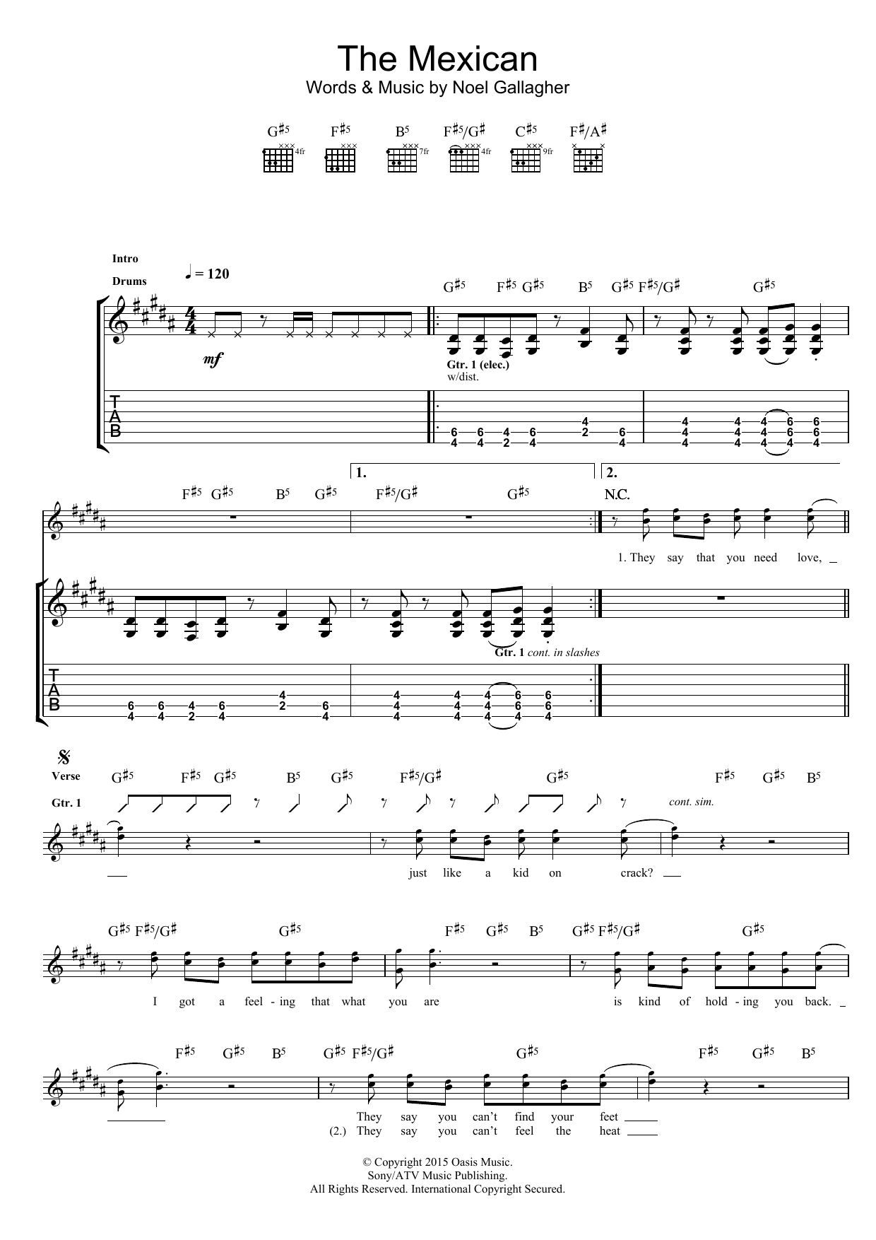 Noel Gallagher's High Flying Birds The Mexican Sheet Music Notes & Chords for Guitar Tab - Download or Print PDF