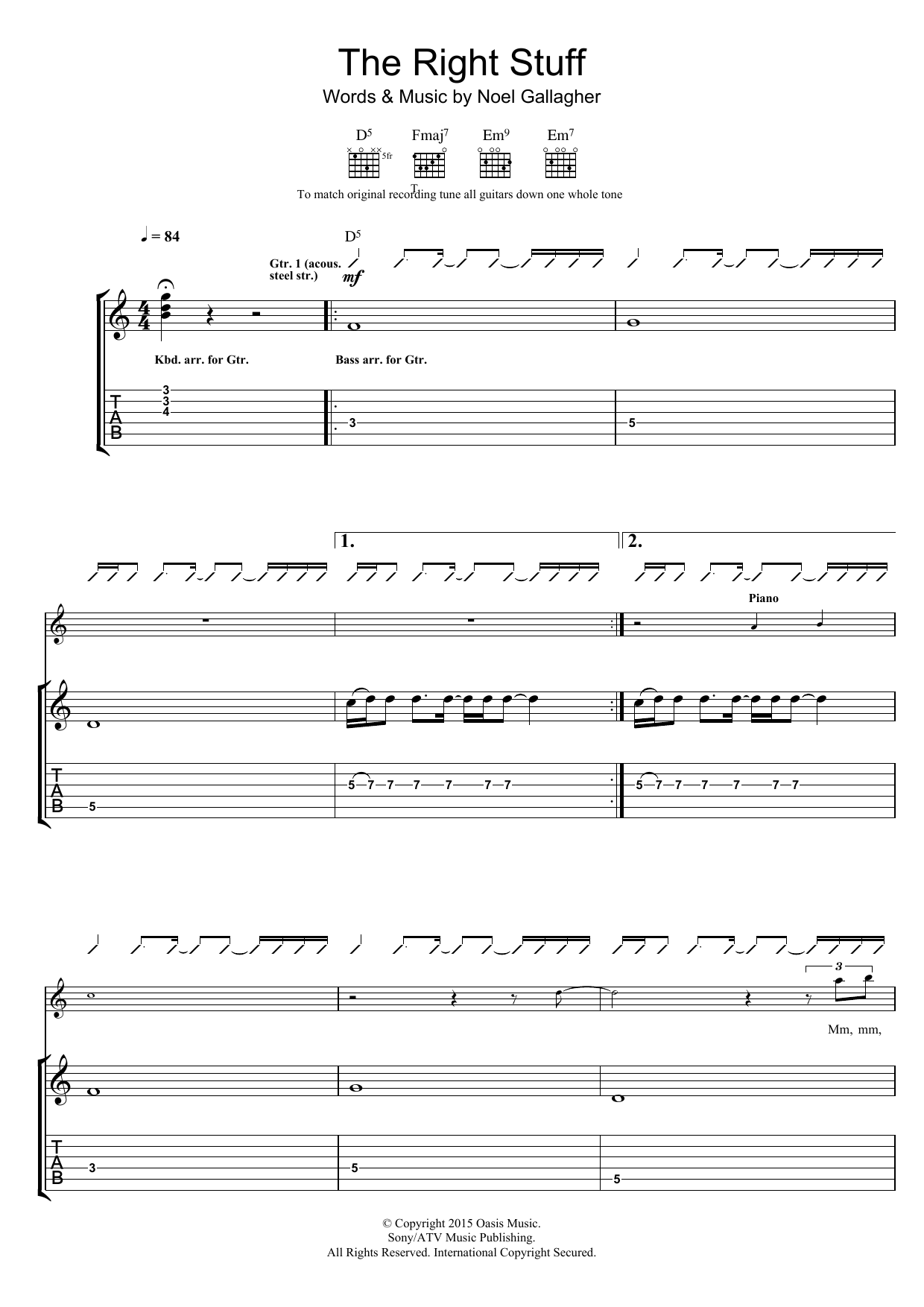 Noel Gallagher's High Flying Birds The Right Stuff Sheet Music Notes & Chords for Guitar Tab - Download or Print PDF