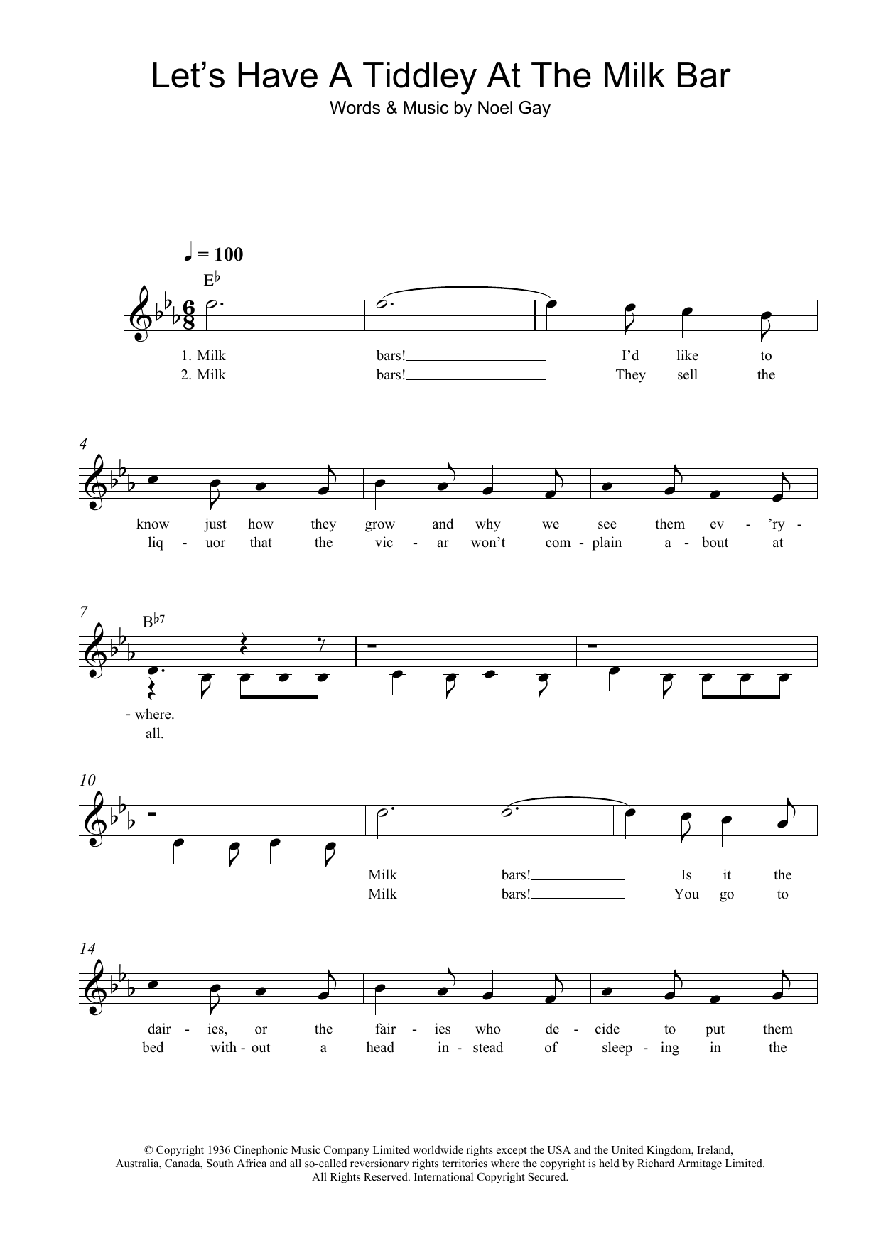 Noel Gay Let's Have A Tiddley At The Milk Bar Sheet Music Notes & Chords for Melody Line, Lyrics & Chords - Download or Print PDF