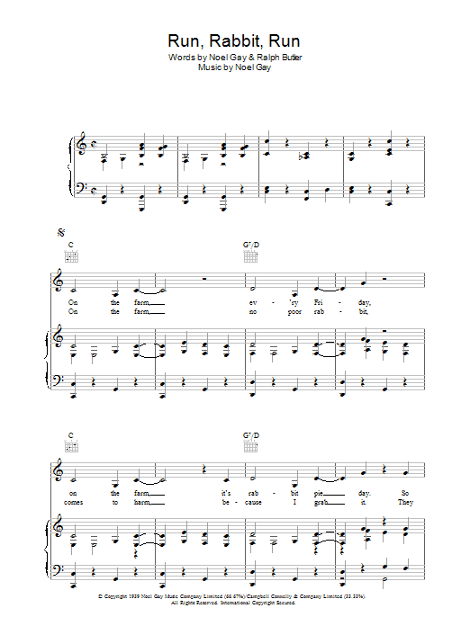 Noel Gay Run, Rabbit, Run Sheet Music Notes & Chords for Piano, Vocal & Guitar (Right-Hand Melody) - Download or Print PDF
