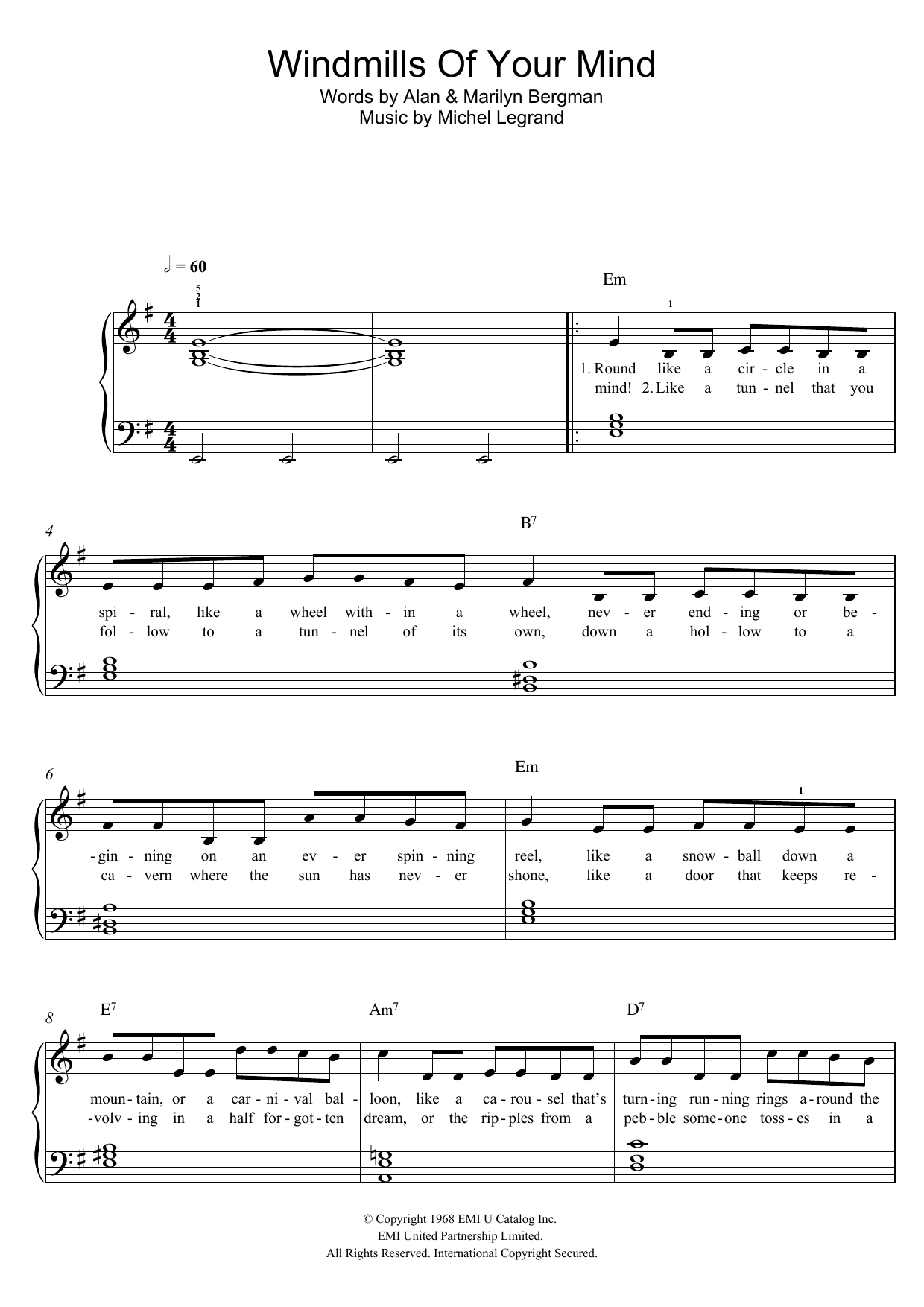 Noel Harrison The Windmills Of Your Mind Sheet Music Notes & Chords for Easy Piano - Download or Print PDF