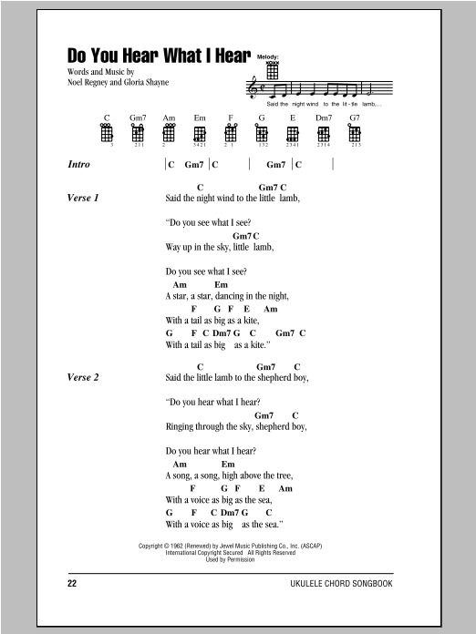 Noel Regney Do You Hear What I Hear Sheet Music Notes & Chords for Ukulele with strumming patterns - Download or Print PDF