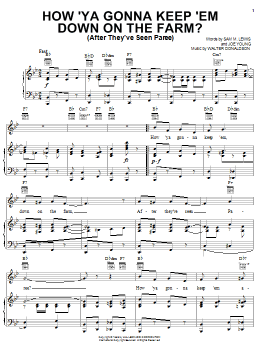 Nora Bayes How 'Ya Gonna Keep 'em Down On The Farm? (After They've Seen Paree) Sheet Music Notes & Chords for Piano, Vocal & Guitar (Right-Hand Melody) - Download or Print PDF