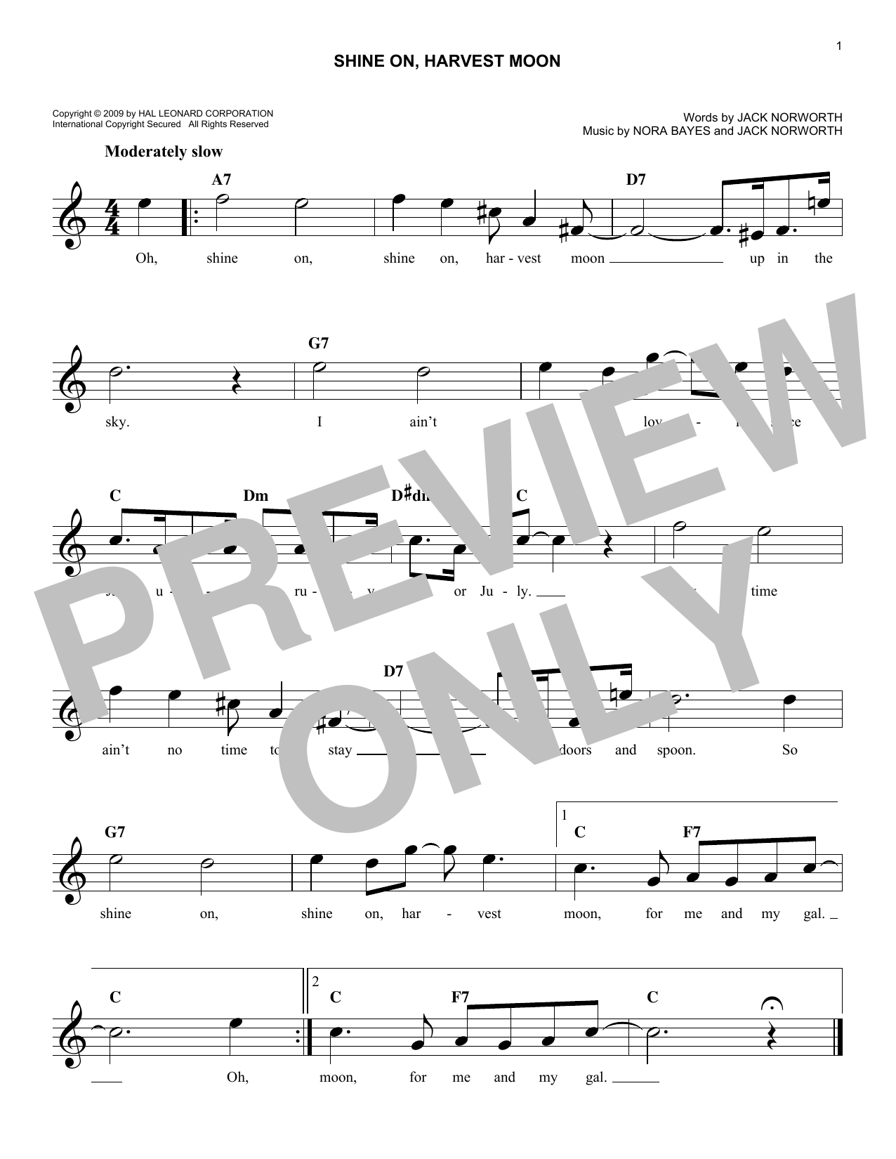 Nora Bayes Shine On, Harvest Moon Sheet Music Notes & Chords for Melody Line, Lyrics & Chords - Download or Print PDF