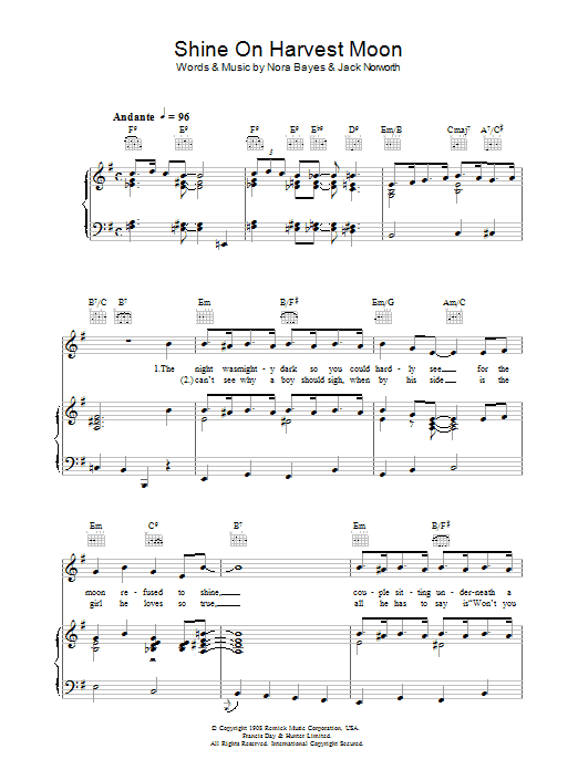 Nora Bayes Shine On Harvest Moon Sheet Music Notes & Chords for Piano, Vocal & Guitar (Right-Hand Melody) - Download or Print PDF