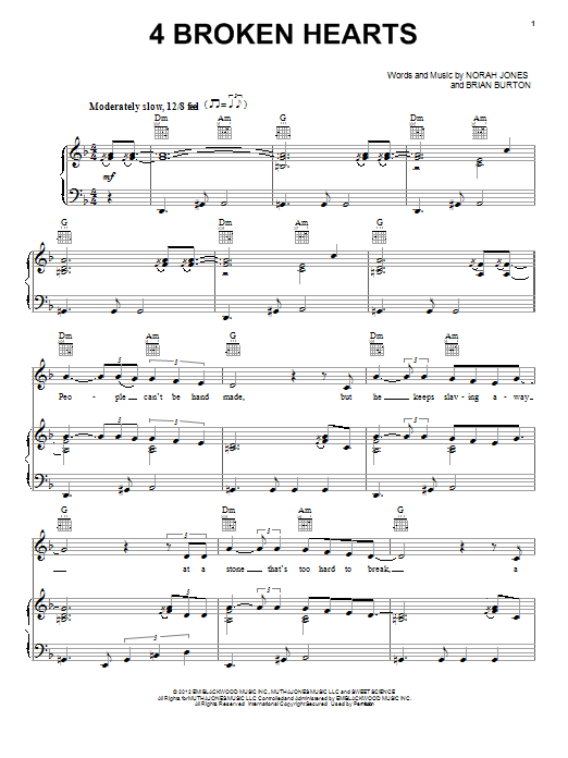 Norah Jones 4 Broken Hearts Sheet Music Notes & Chords for Piano, Vocal & Guitar (Right-Hand Melody) - Download or Print PDF